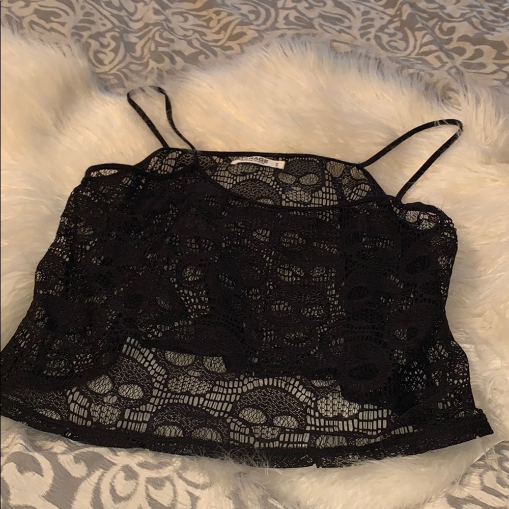 GARAGE- black lace skull crop top